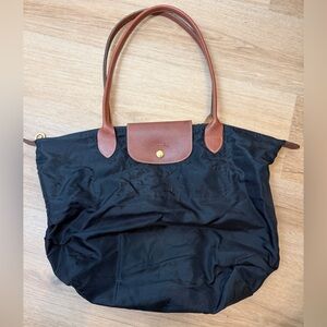 Longchamp Black Le Pliage Nylon Tote with Brown Leather Trim